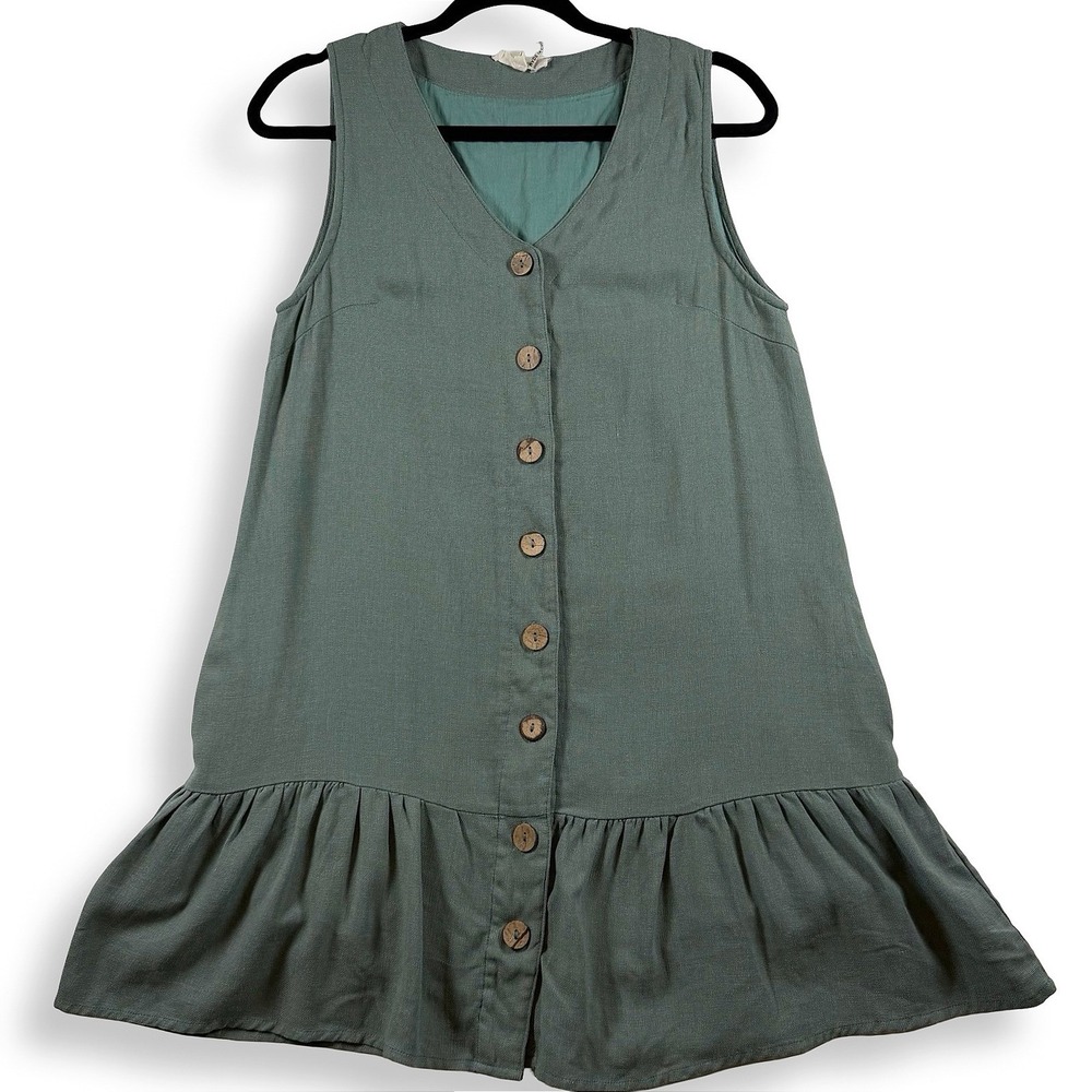 Entro Sage Green Button Down Ruffle Hem Sleeveless Mini Dress Vest Medium